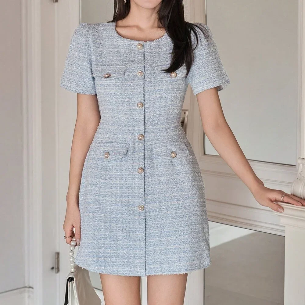 Blue Elegant Women's Faux Pocket Mini Dress Wedding Guest Dress